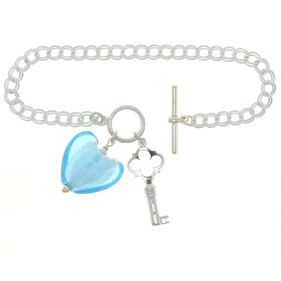 925 Sterling Silver Key & Blue Heart Murano Glass Double Link Charm Bracelet 6.5