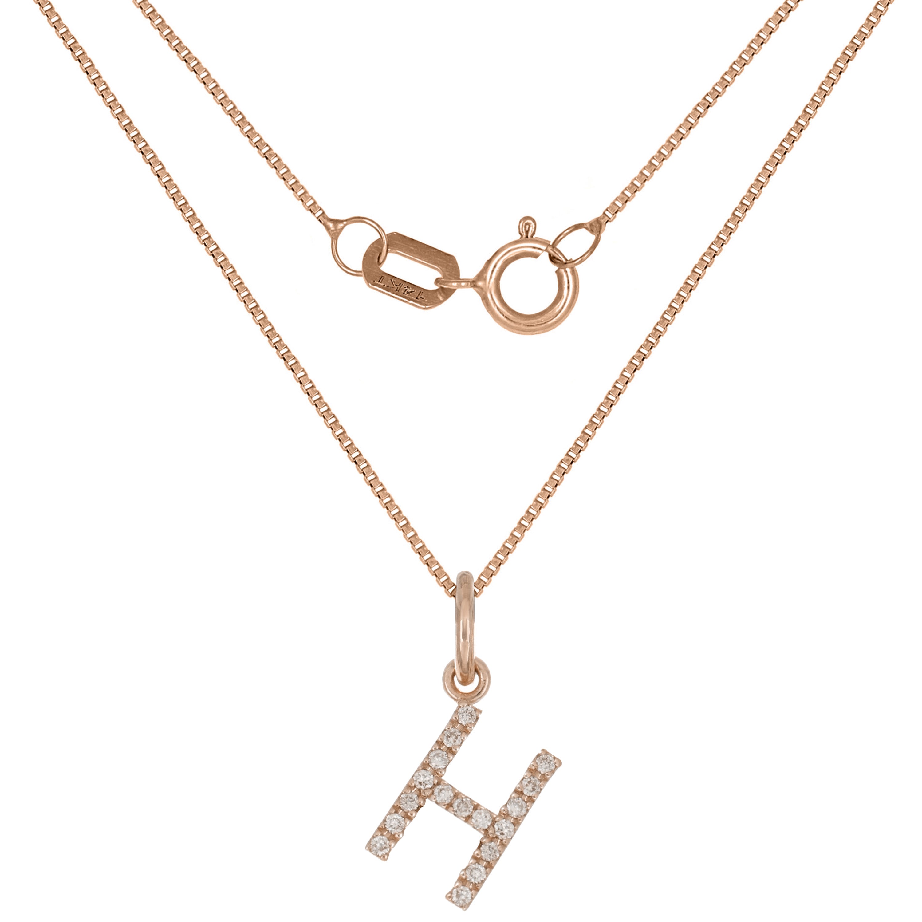 14k Rose Gold Diamond Initial Letter H Charm Pendant Necklace 18" - Letter H,Rose
