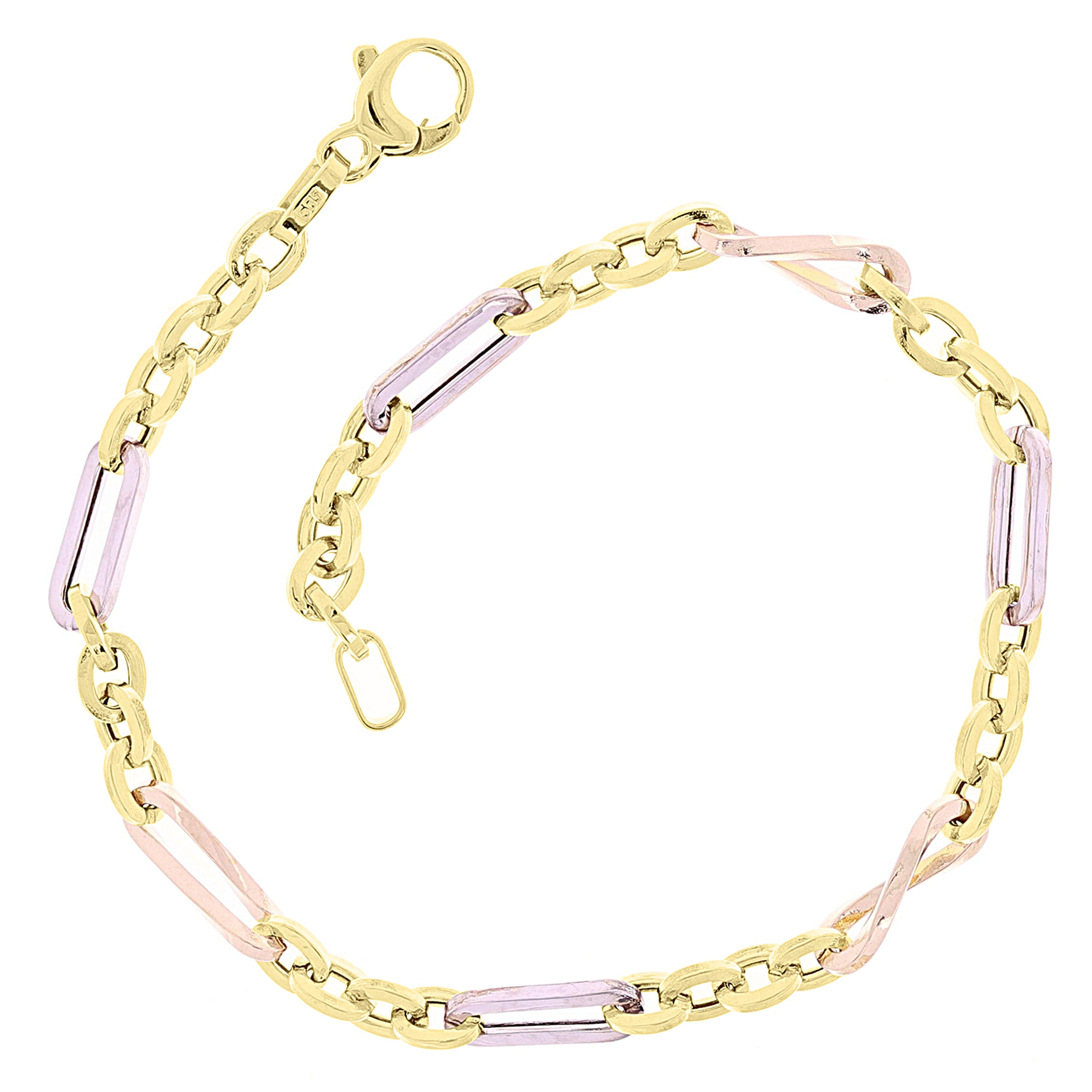 Italian 14k Two Tone Gold Oval Eternity Paper Clip Bracelet 7.5" 4mm 4.3 grams