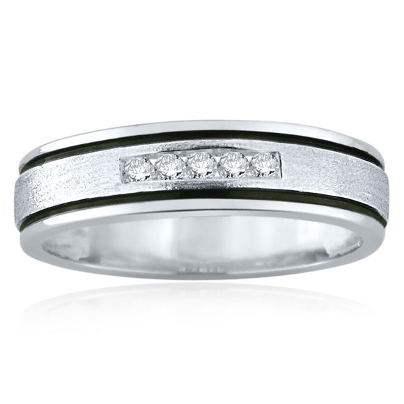 Men's 14k White Gold & Antique Finish 0.15ctw Diamond Double Rail Wedding Band