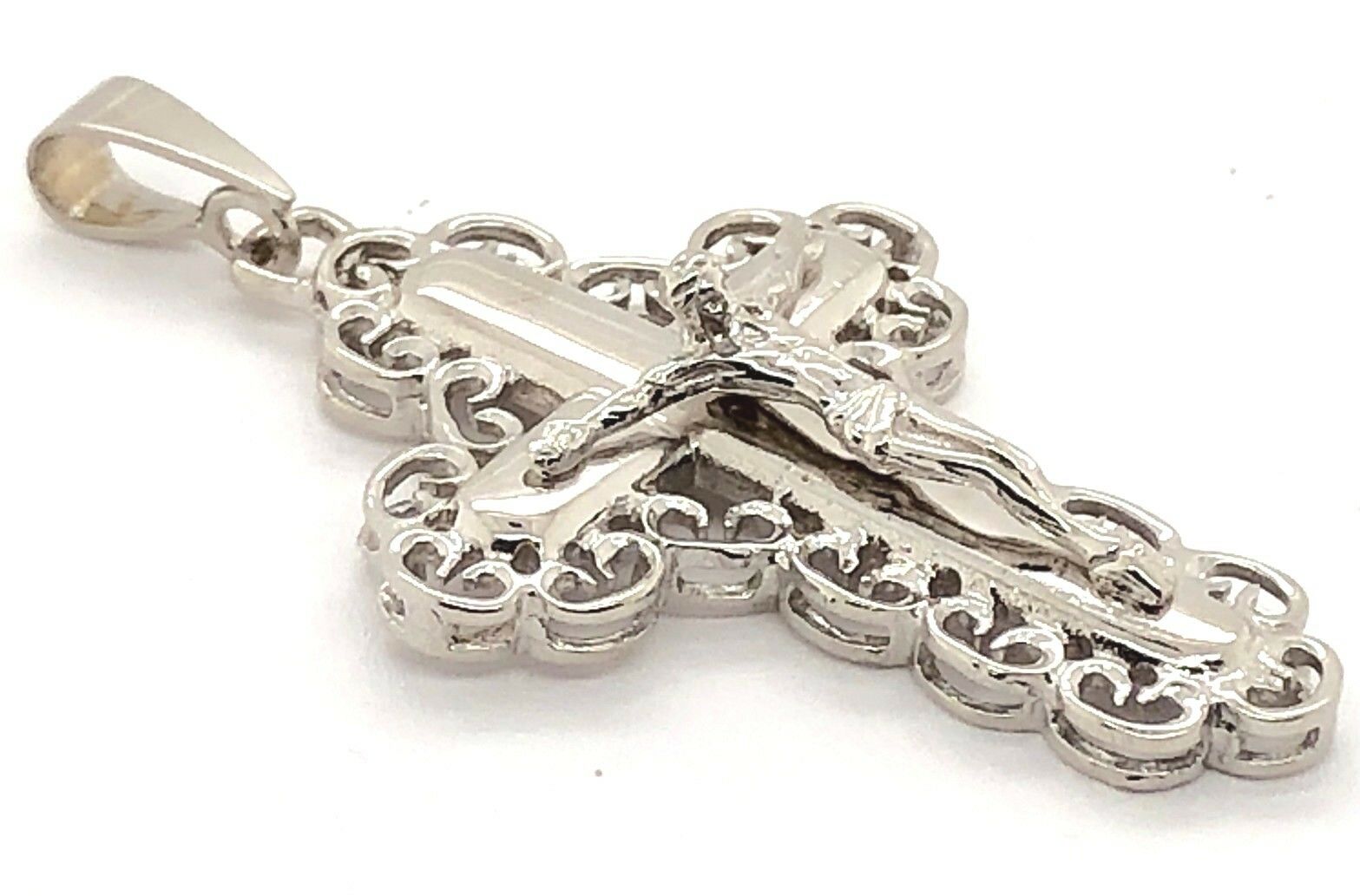 14k White Gold Jesus Christ Crucifix Cross Pendant Religious Charm 8.4 grams