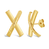 Italian 14k Yellow Gold Diamond Cut Medium X-Shape Hugs Love Bar Stud Earrings - Medium
