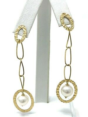 14k Yellow Gold Oval Earrings with Water Pearl Drop Dangle 2.5" 5 grams