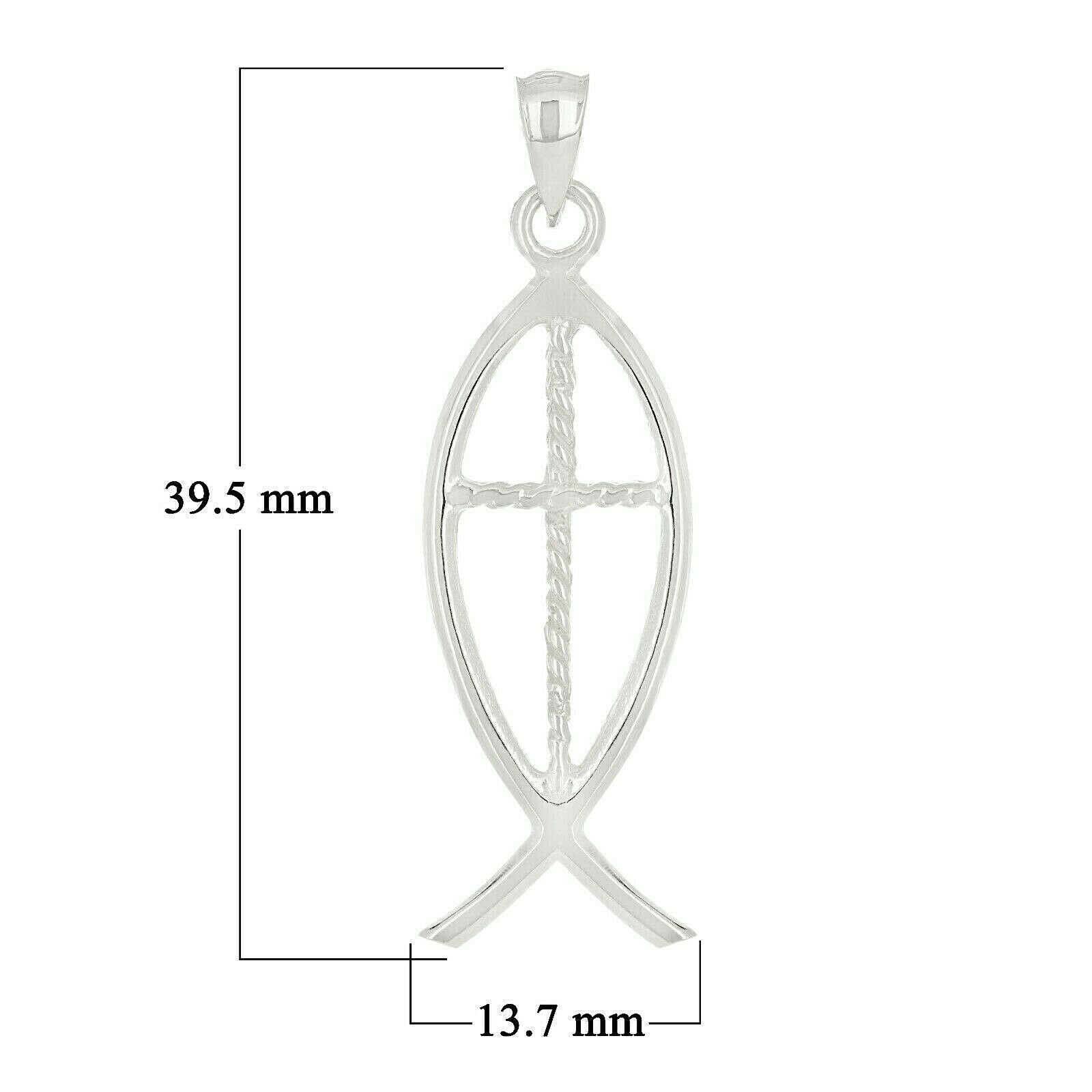14k White Gold Jesus Cross Ichthus Christian Fish Charm Pendant 1.5" 2.6 grams - White