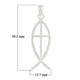 14k White Gold Jesus Cross Ichthus Christian Fish Charm Pendant 1.5" 2.6 grams - White