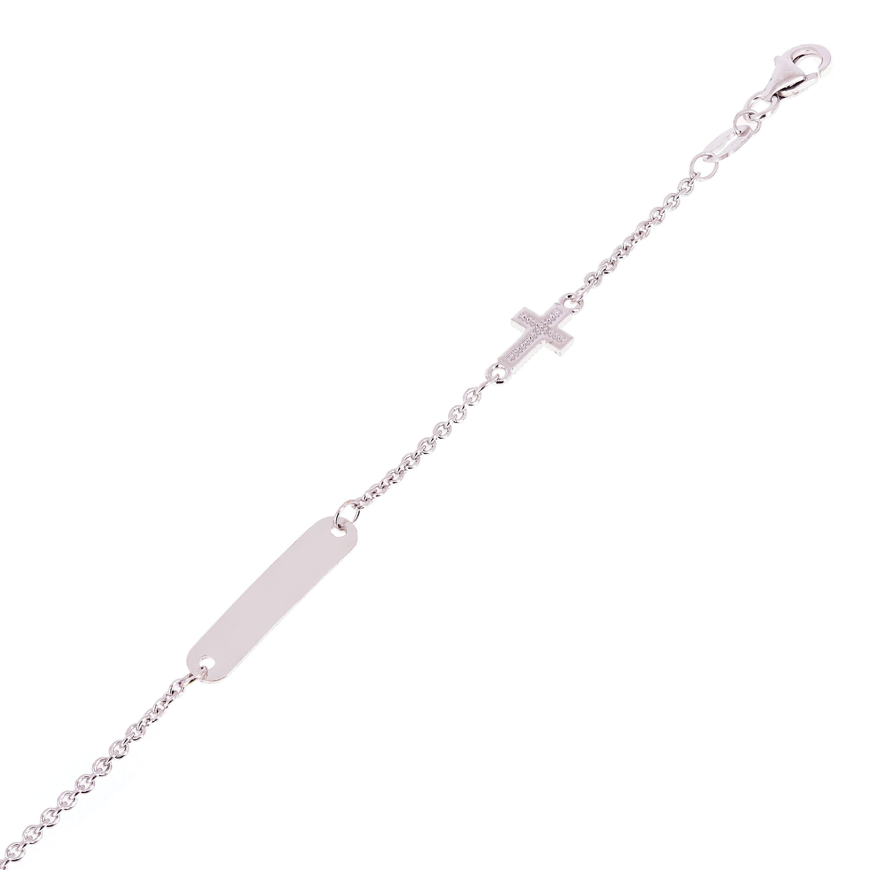 Italian 14k White Gold Engravable Rosary Cross Baby Kids ID Bracelet 5.5" 1.8g - White