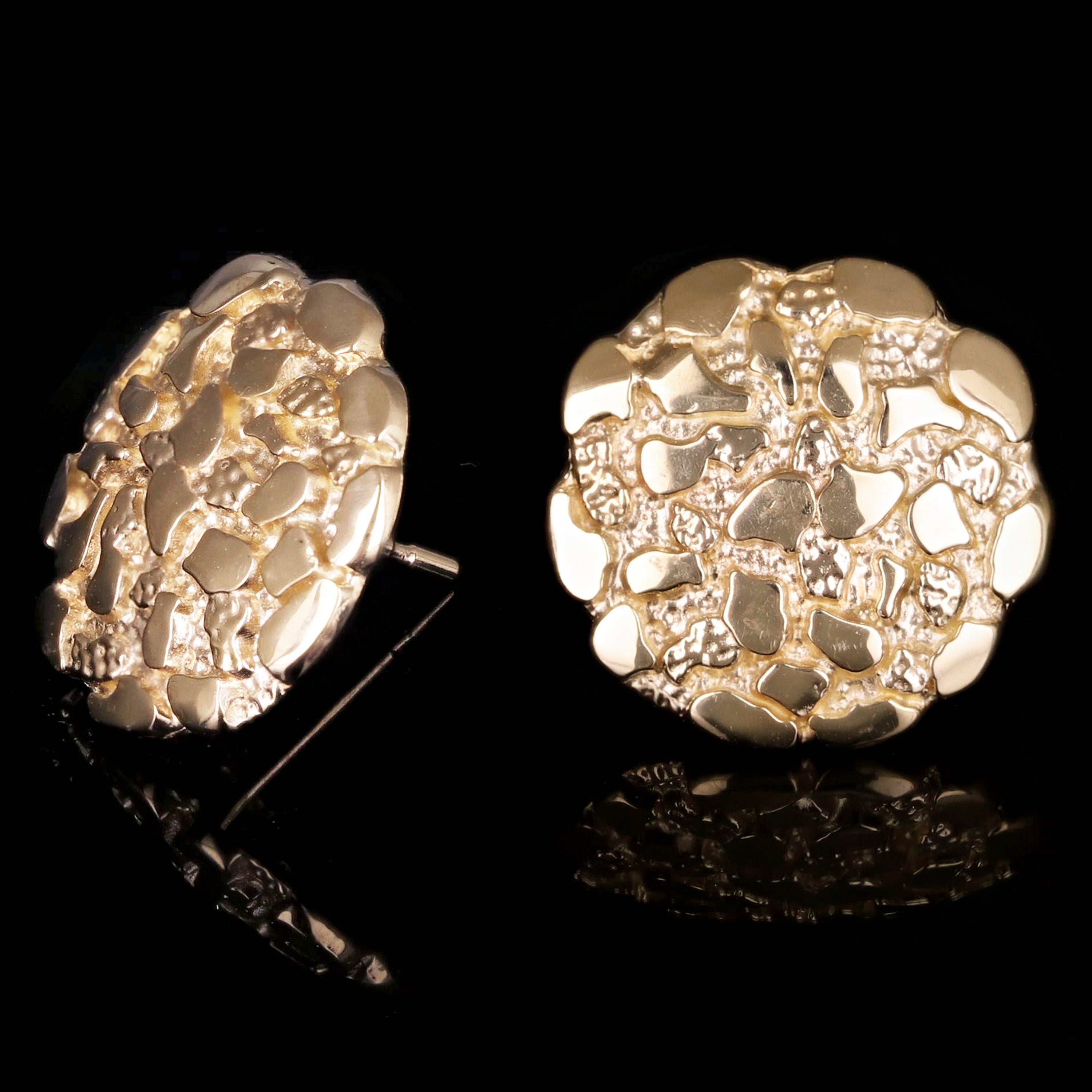 14k Yellow Gold Solid Round Nugget Stud Earrings 15mm 3.5 grams