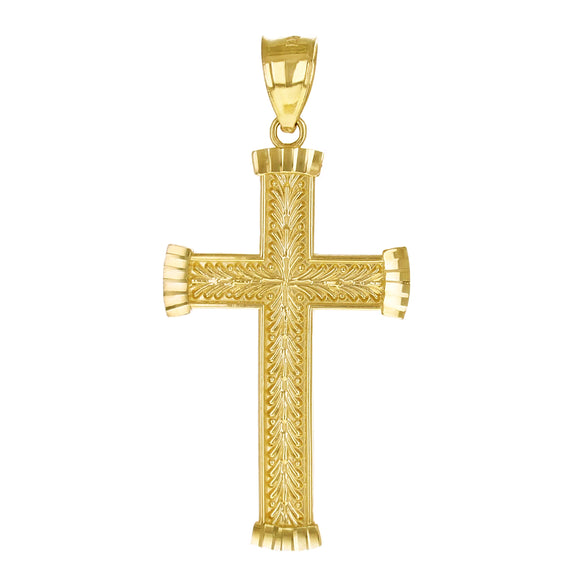14k Yellow Gold Solid Diamond Cut Leaf Pattern Cross Pendant 1.6