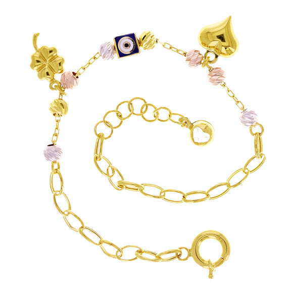Italian 14k Tri Color Gold Evil Eye Heart Clover Leaf Charm Bracelet 8