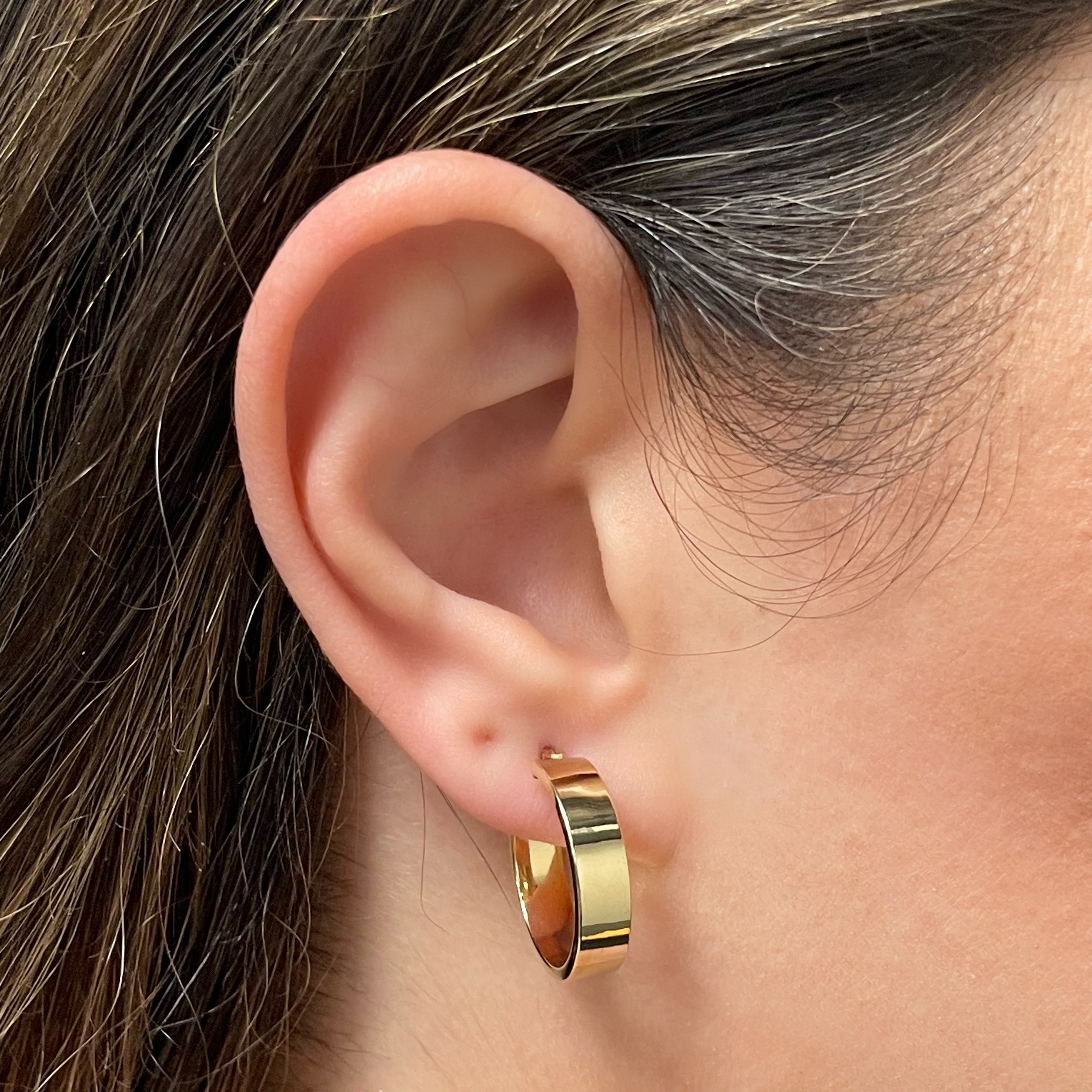 Italian 14k Yellow Gold Small Flat Tube Hollow Hoop Earrings