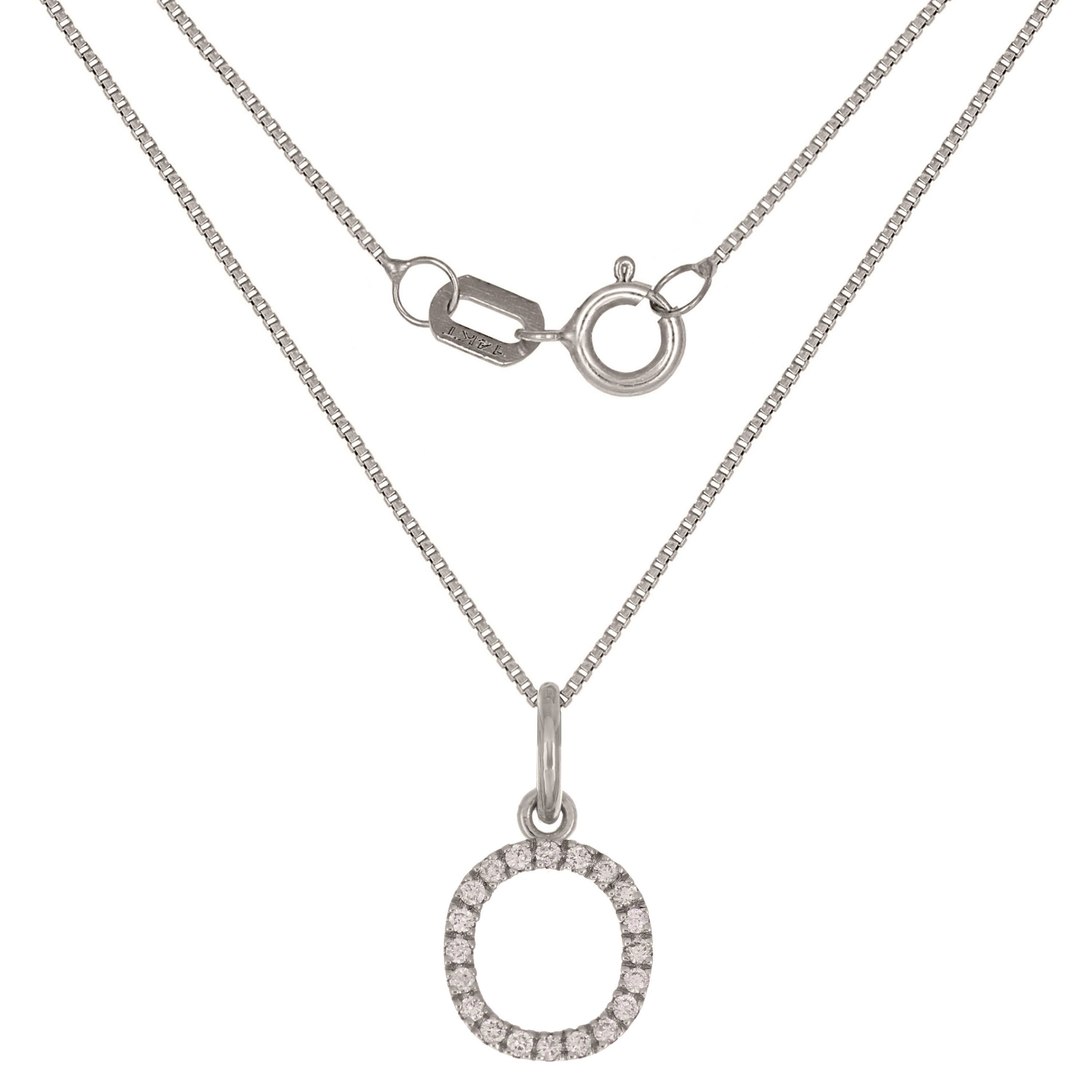 14k White Gold Diamond Initial Letter O Charm Pendant Necklace 18" - Letter O,White