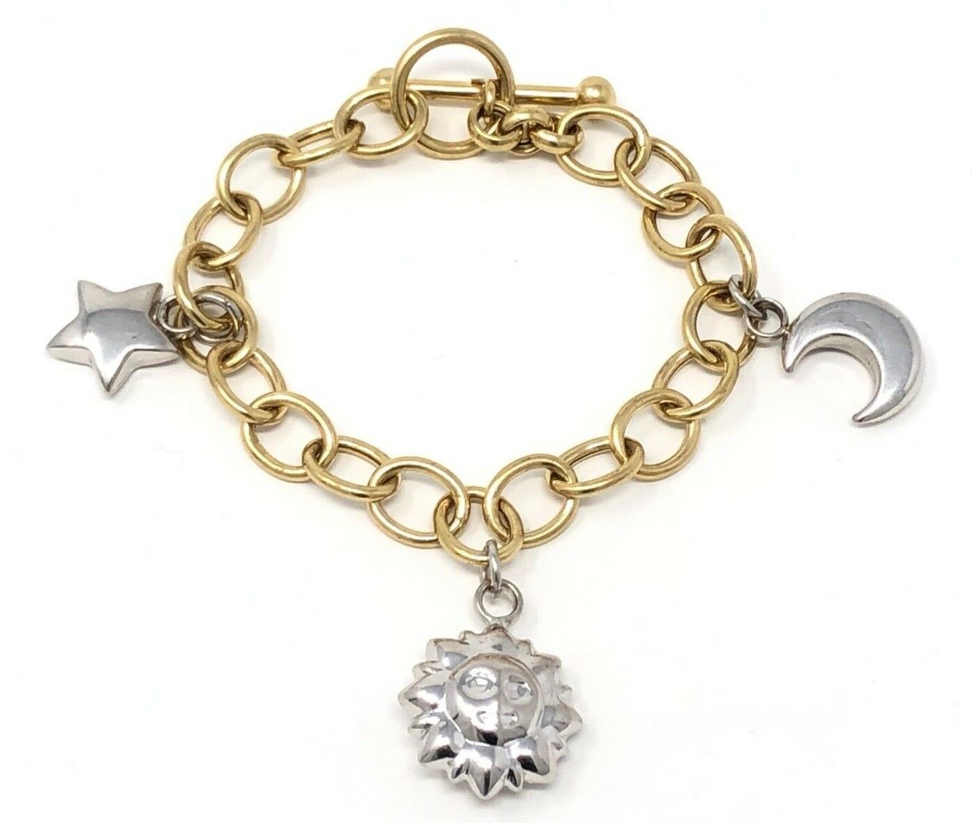 14k Two Tone Gold Moon Sun Star Charm Bracelet Hollow 7.5" 16 grams