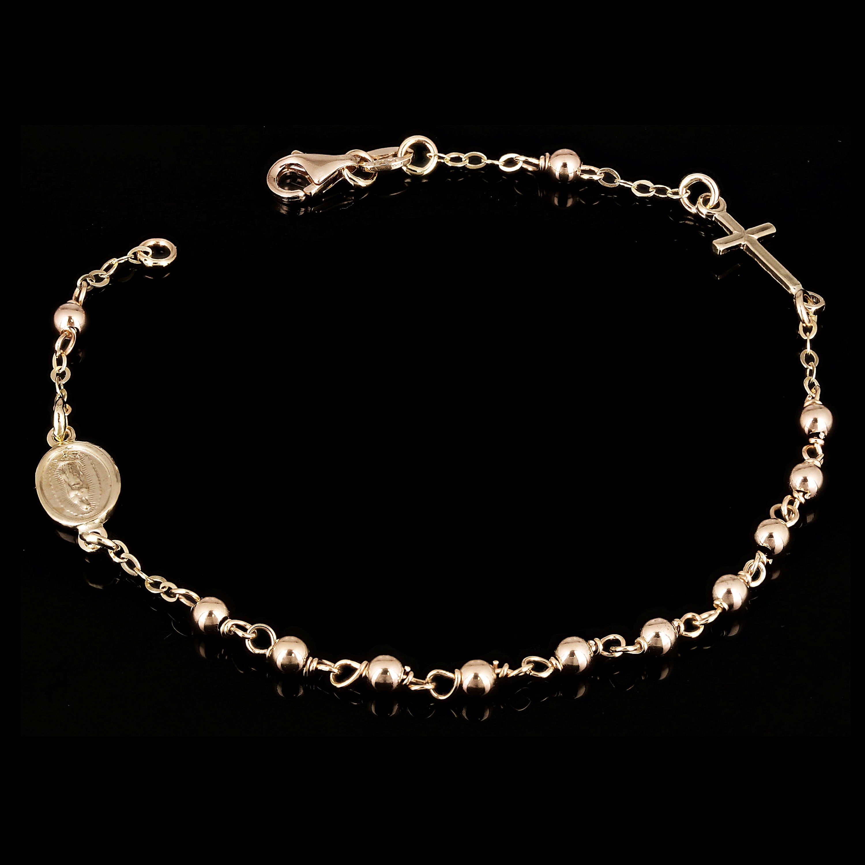 Italian 14k Yellow Gold Miraculous Medal Rosary Bracelet 7.5" 3mm 2.9 grams
