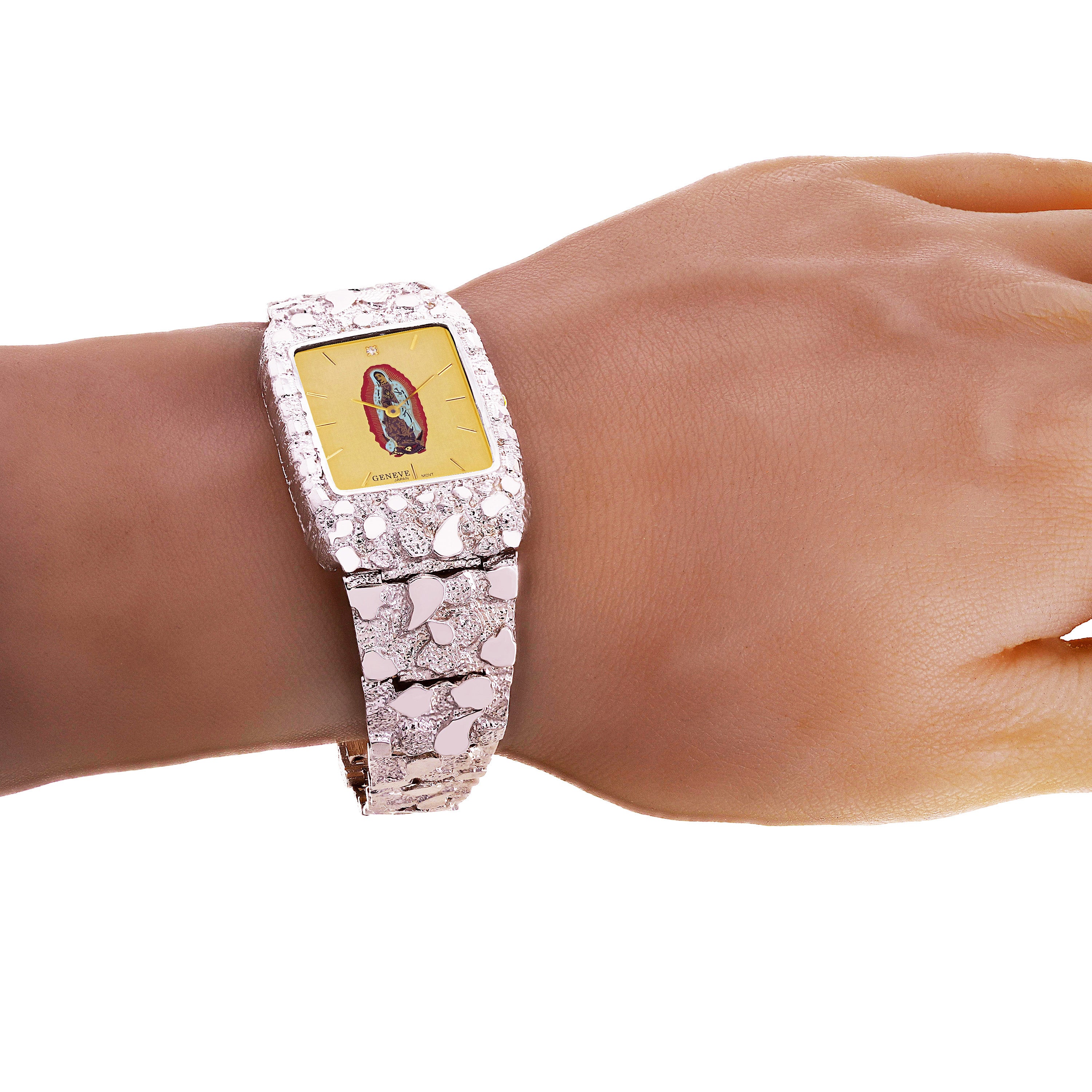 925 Sterling Silver Nugget Link Band Geneve Guadalupe Diamond Watch 7-7.5" 44 grams - 7" 44 grams