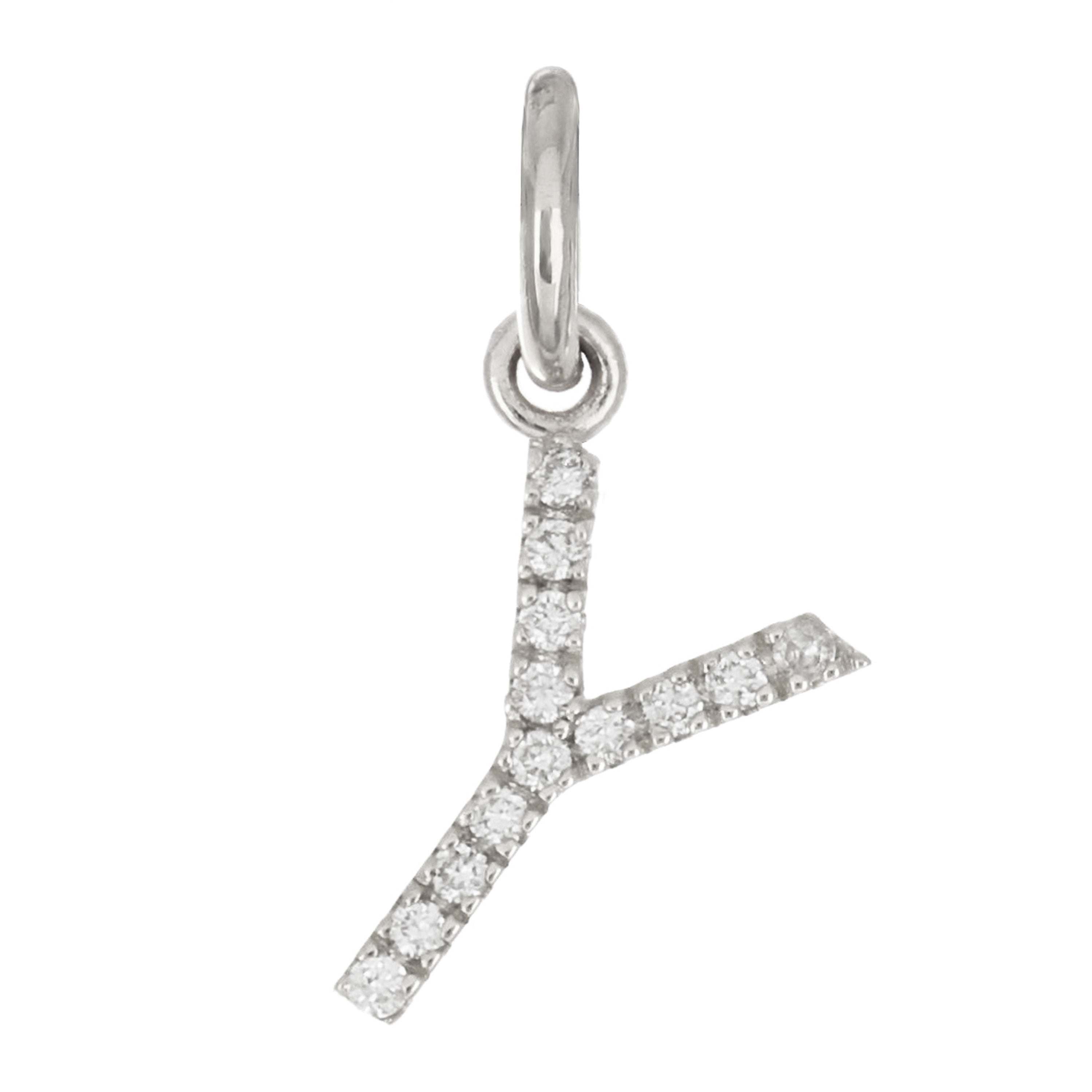 14k White Gold Diamond Initial Letter Y Charm Pendant - Letter Y,White