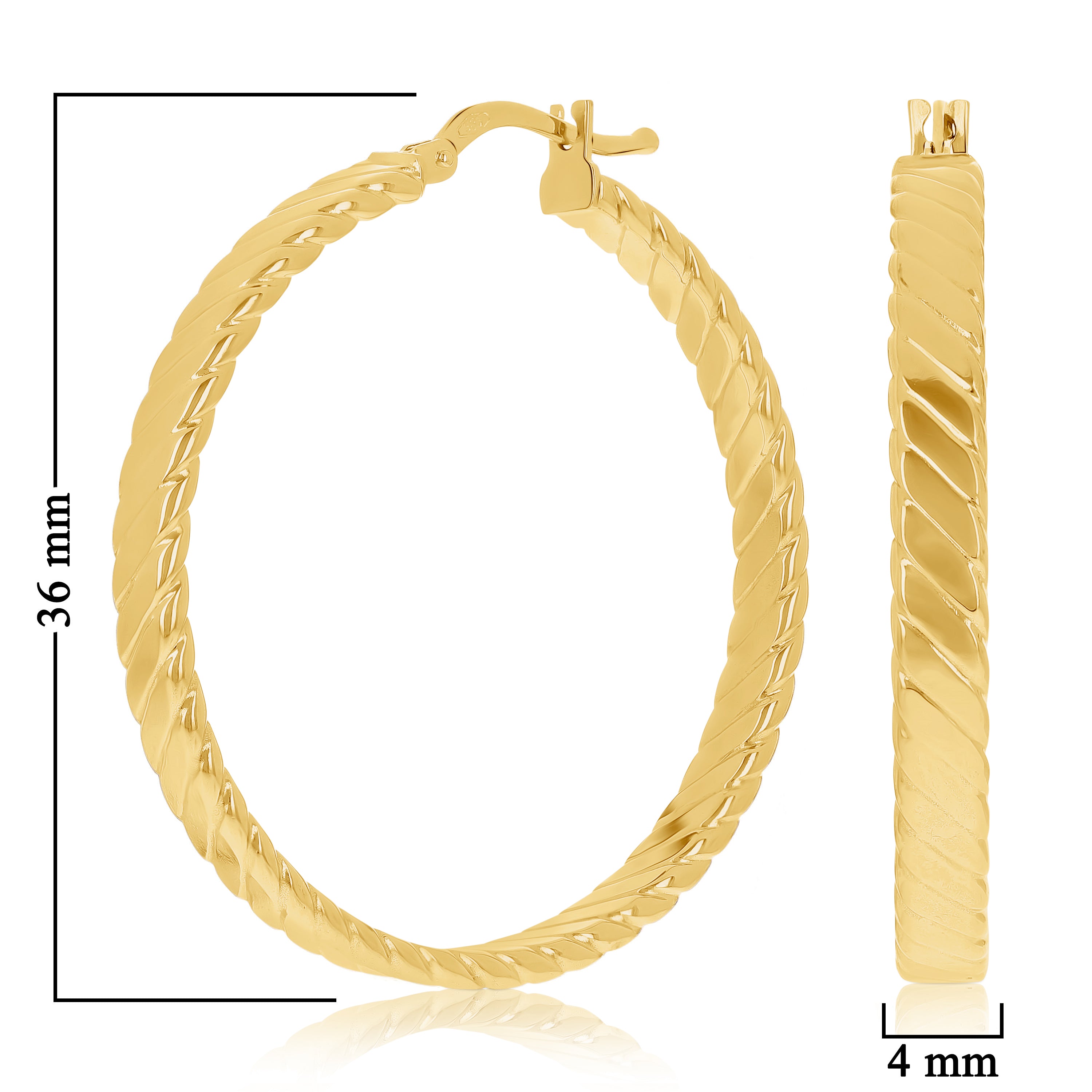 Italian 14k Yellow Gold Hollow Flat Rope Hoop Earrings 1.4" 4mm 3.7 grams