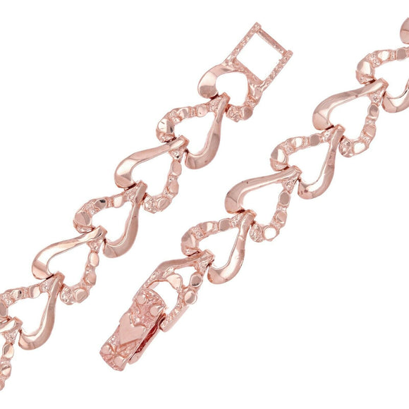 10k Rose Gold Plain & Nugget Heart Link Bracelet 8