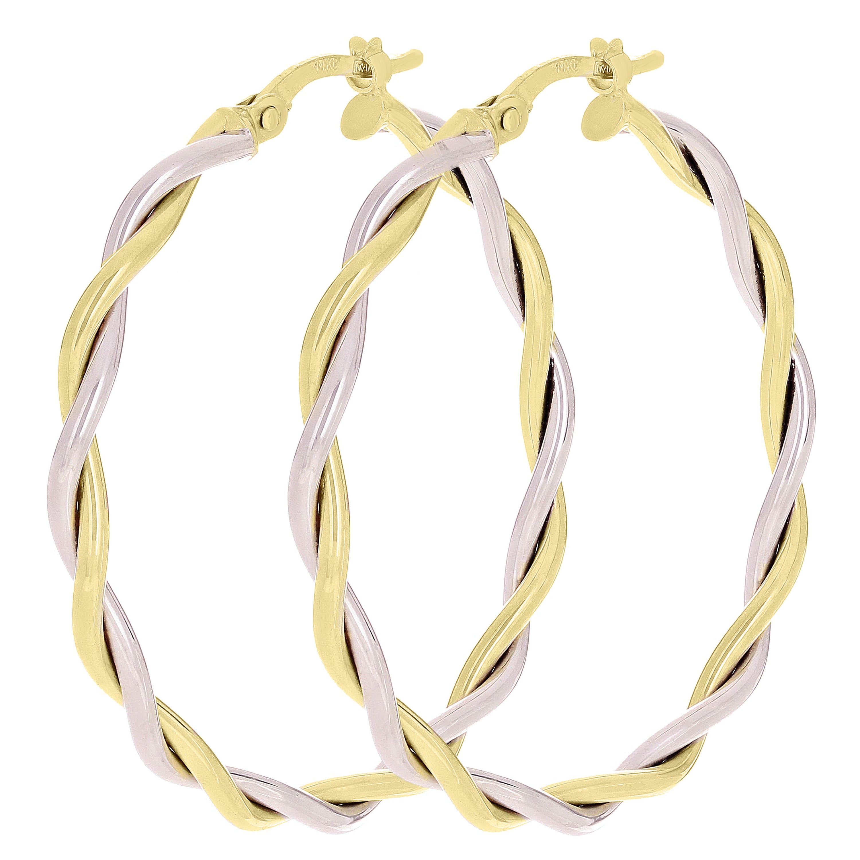 Italian 14k Yellow & White Gold Polished Twisted Hollow Hoop Earrings 1.6" 3mm