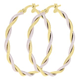 Italian 14k Yellow & White Gold Polished Twisted Hollow Hoop Earrings 1.6" 3mm