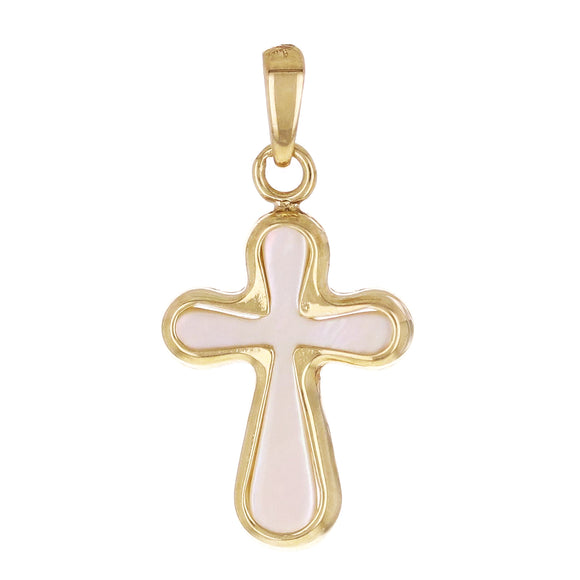 Italian 14k Yellow Gold Mother of Pearl Cross Charm Pendant 21.7mm x 10.9mm 0.7g