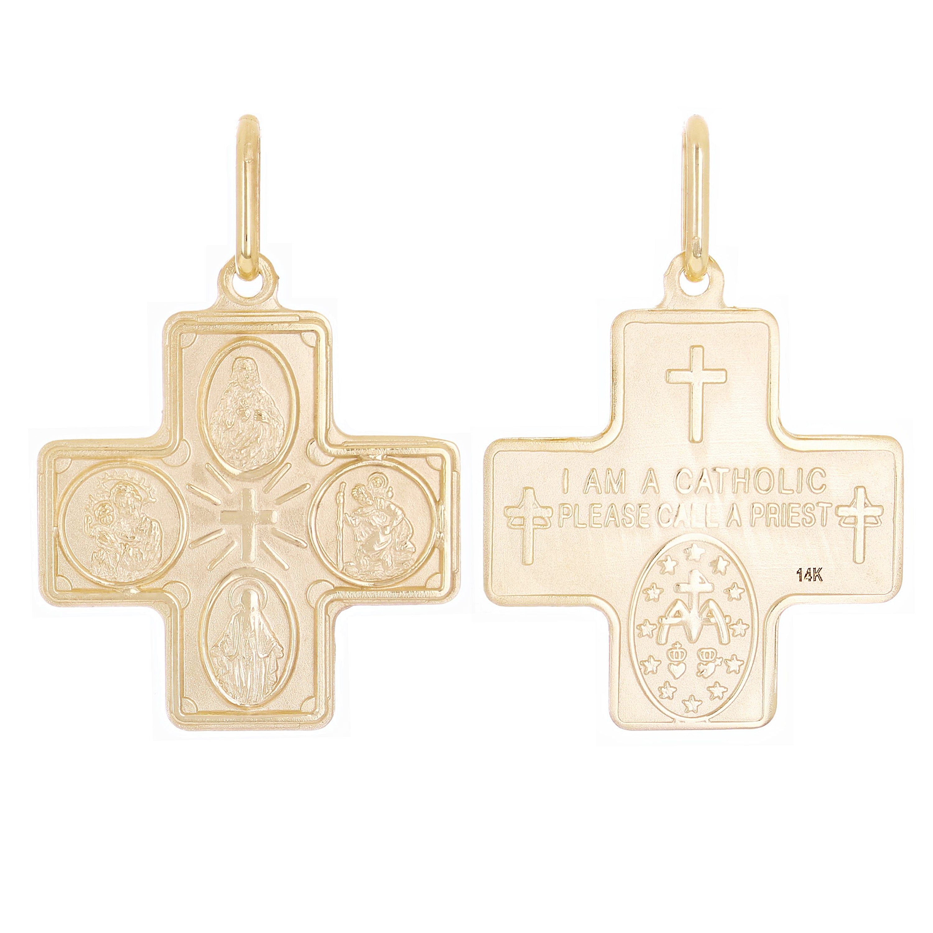 Italian 14k Yellow Gold Holy Spirit 4-Way Cross Medal Pendant 1.3" 2.8 grams
