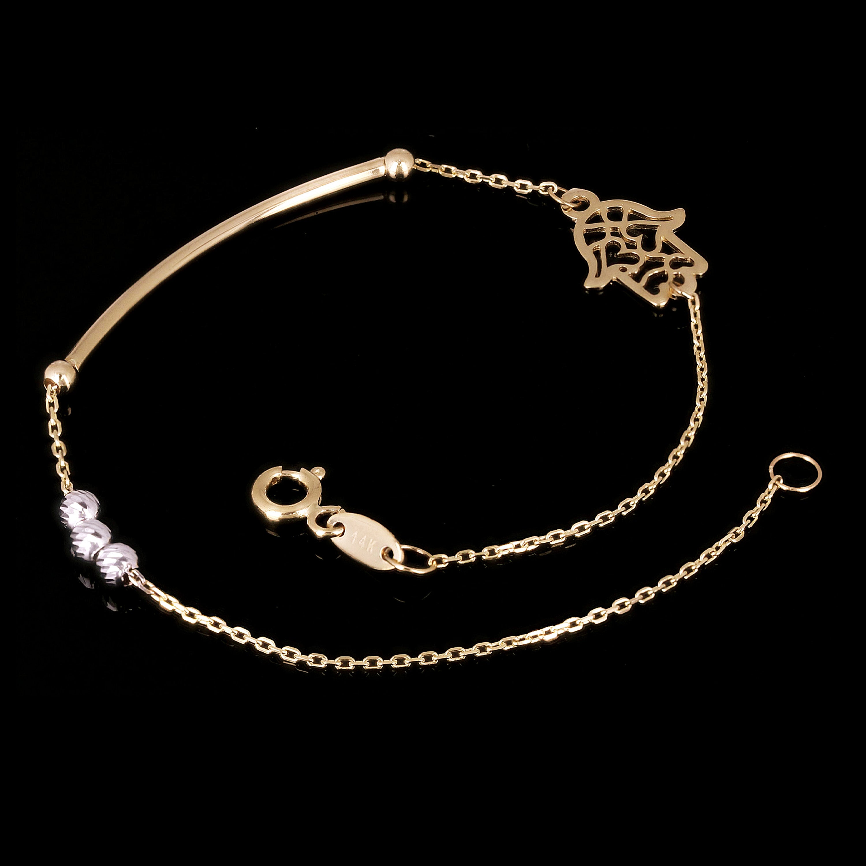 Italian 14k Yellow & White Gold Hamsa Charm Bar Link Bracelet 7.25" 1.5 grams