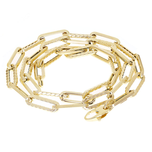 14k Yellow Gold Hollow High Polished&Textured Paper Clip Link Necklace 18