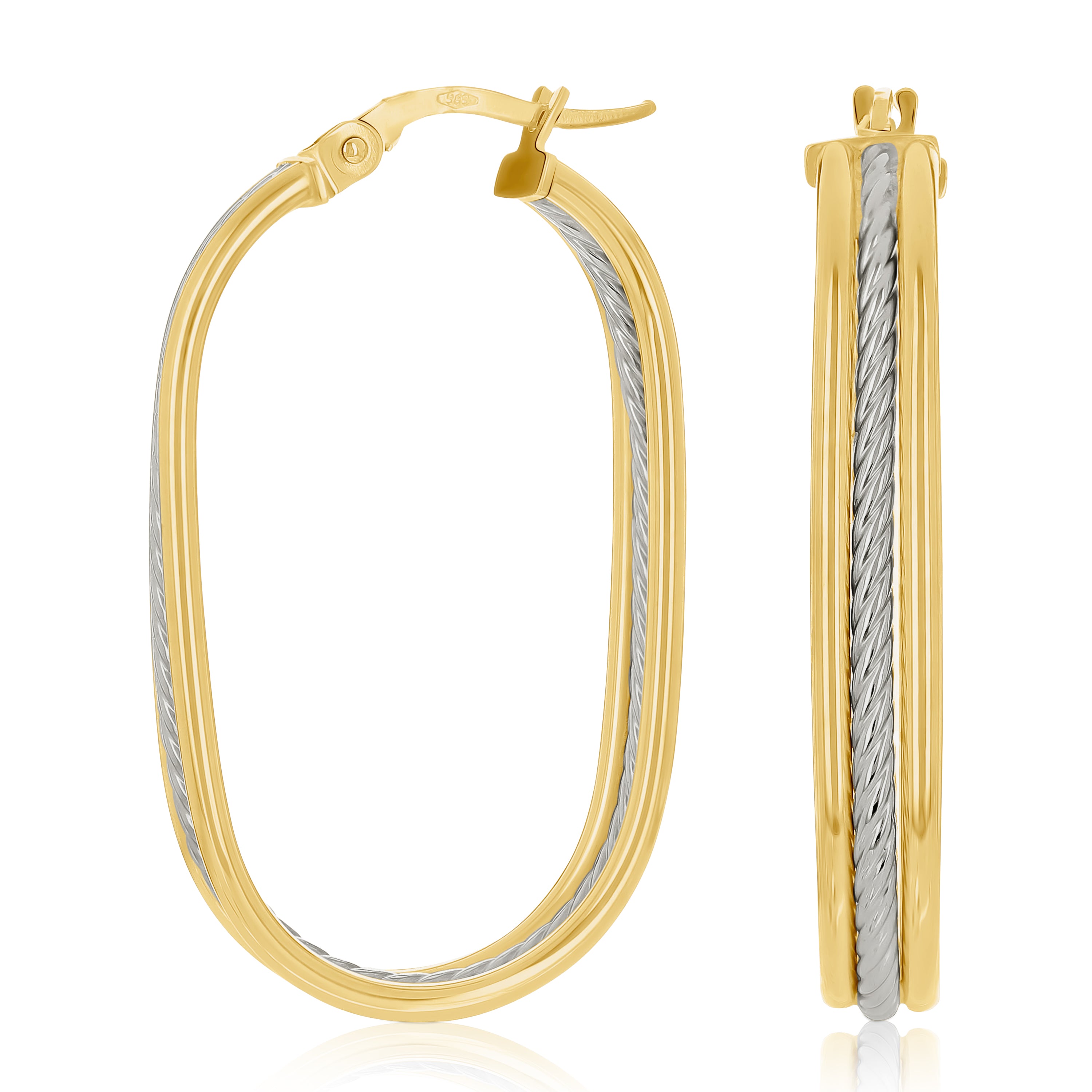 Italian 14k Yellow & White Gold  Oval U-Shaped Hoop Earrings 1.4" 5mm 2.9 grams