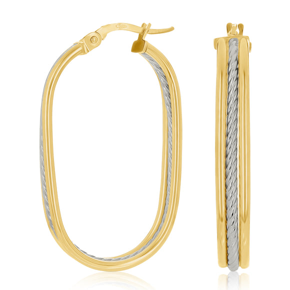 Italian 14k Yellow & White Gold  Oval U-Shaped Hoop Earrings 1.4