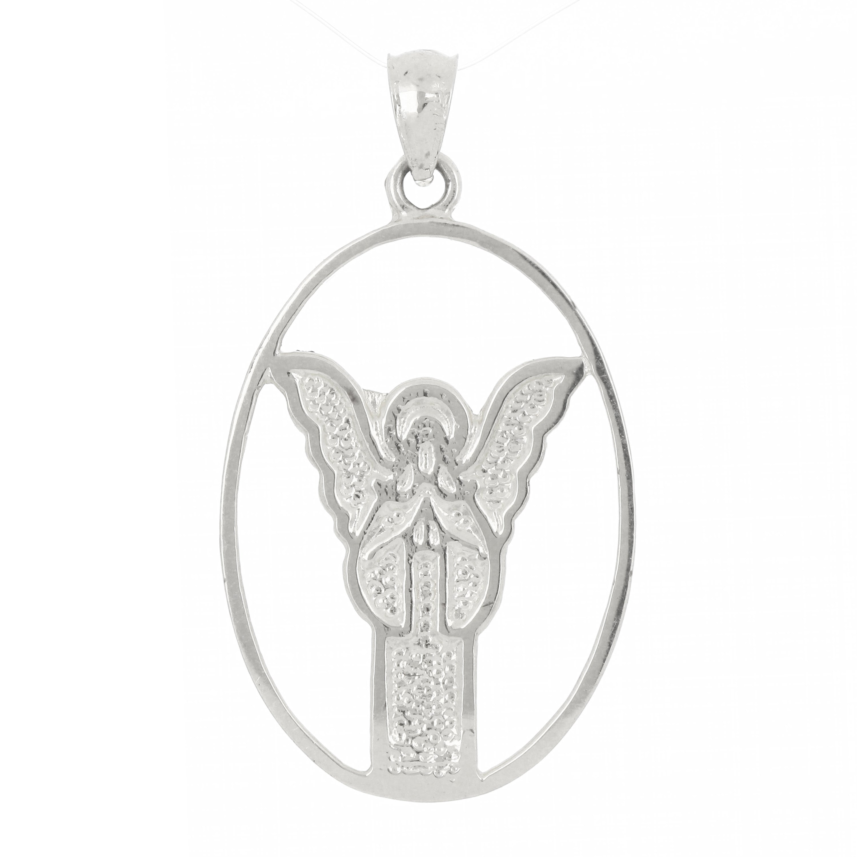 14k White Gold Guardian Angel Charm Pendant 1.4" 2.6 grams - White