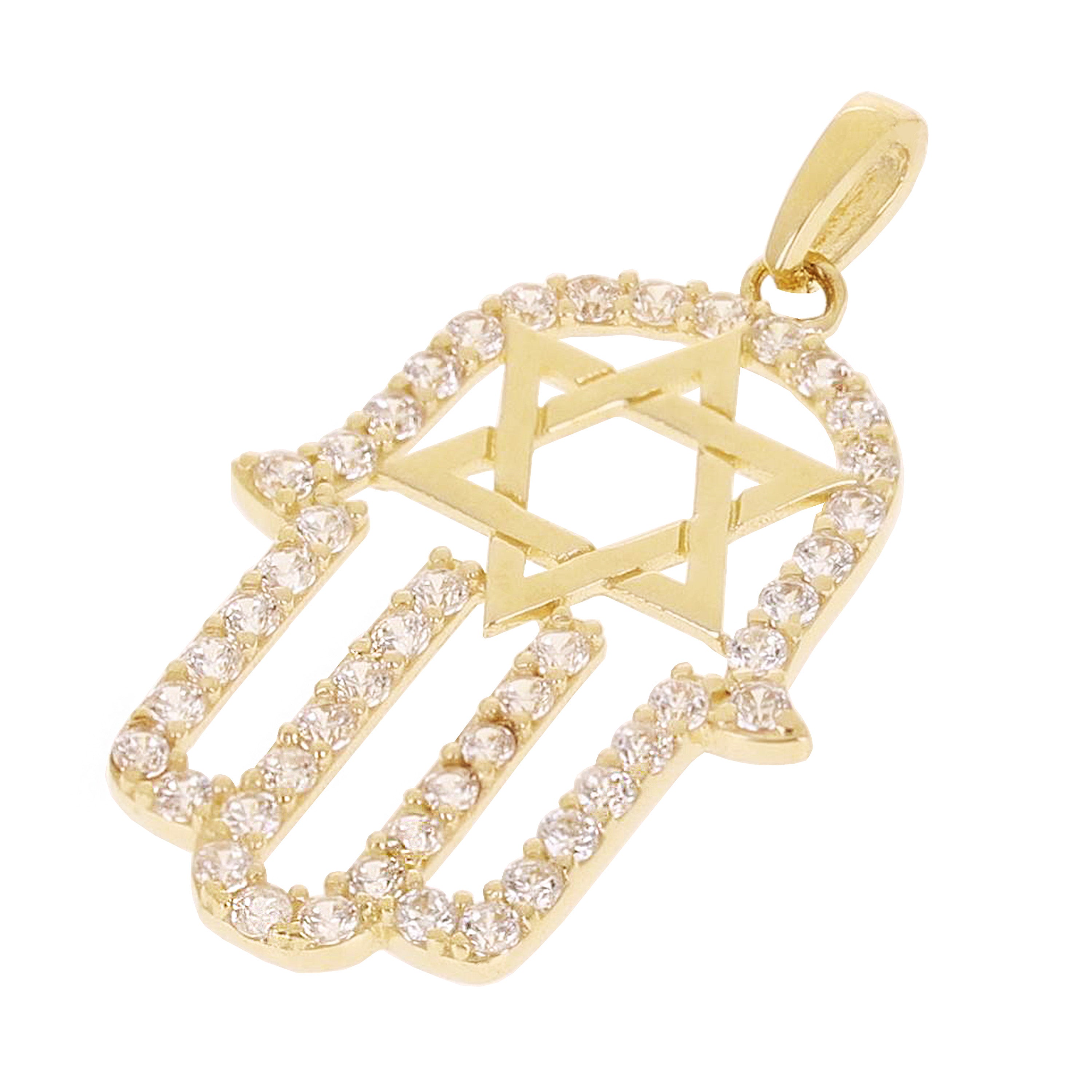 Italian 14k Yellow Gold Star of David Hamsa Charm Pendant with Cubic Zirconia 1"
