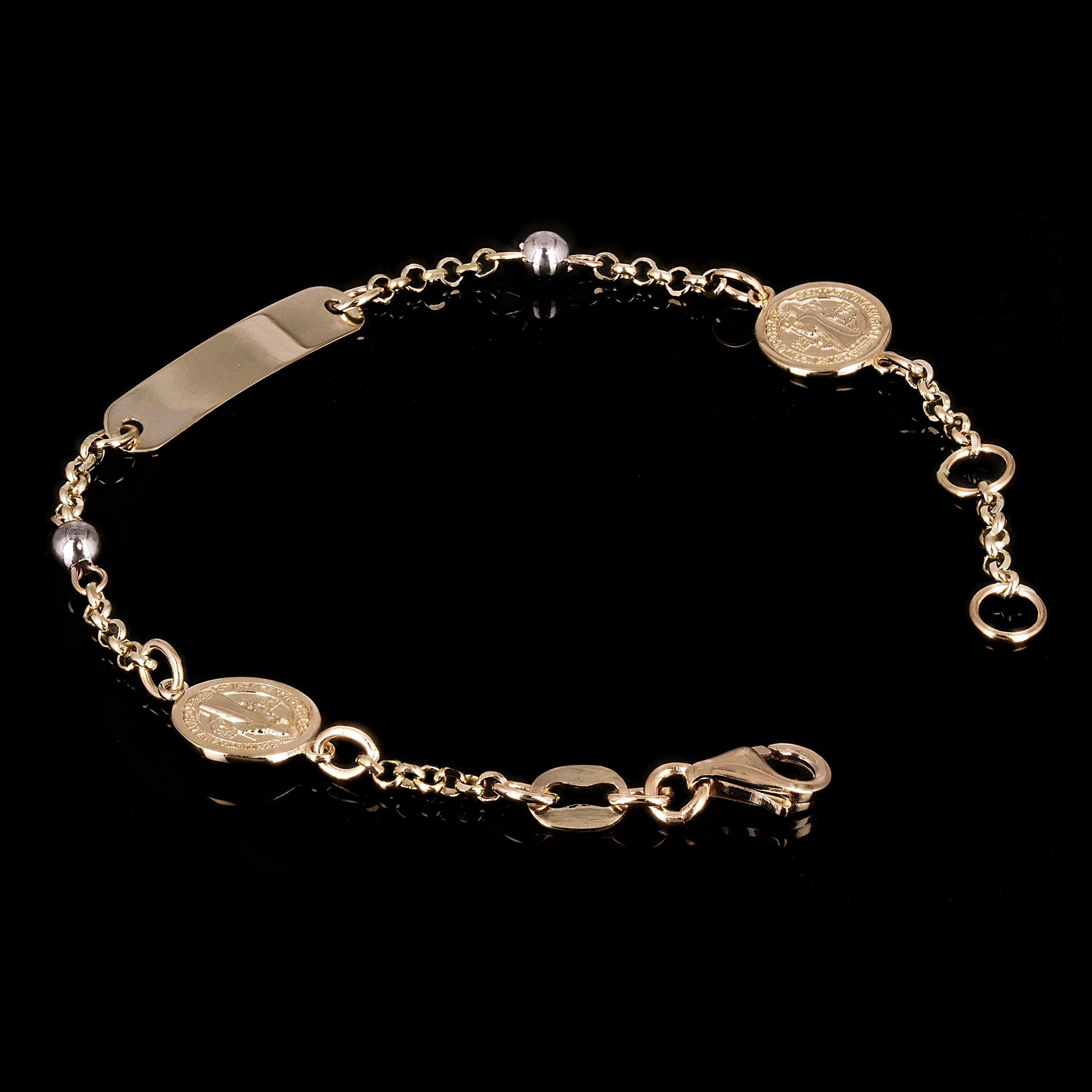 Italian 14k Two-Tone Gold Engravable St. Benedict Charm Baby ID Bracelet 5.5"