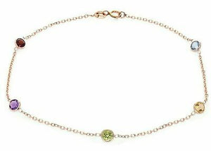 14k Rose Gold Natural Multi Color Round Gemstones Anklet Bracelet 9" - Rose