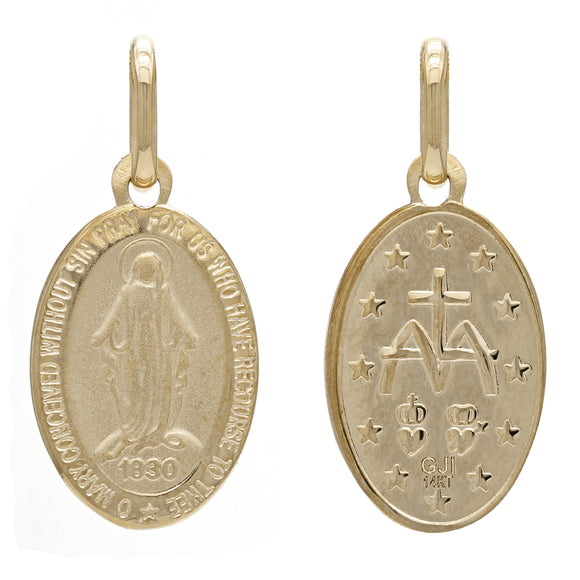 Italian 14k Yellow Gold Virgin Mary Medal Charm Pendant 15.5mm x 9mm 1.2 grams