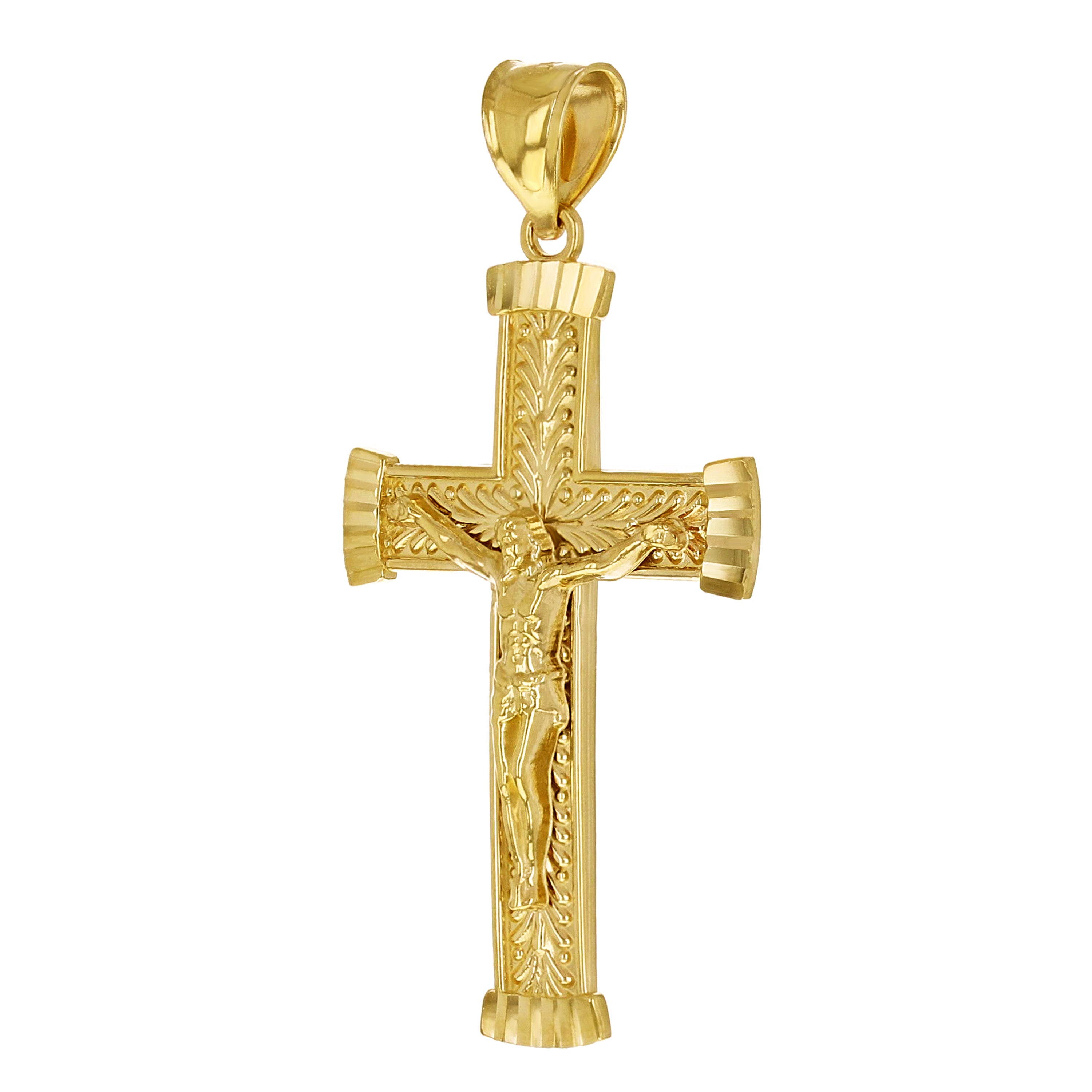 14k Yellow Gold Diamond Cut Leaf Pattern Jesus Cross Crucifix Pendant 1.9" 4.1g