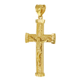 14k Yellow Gold Diamond Cut Leaf Pattern Jesus Cross Crucifix Pendant 1.9" 4.1g