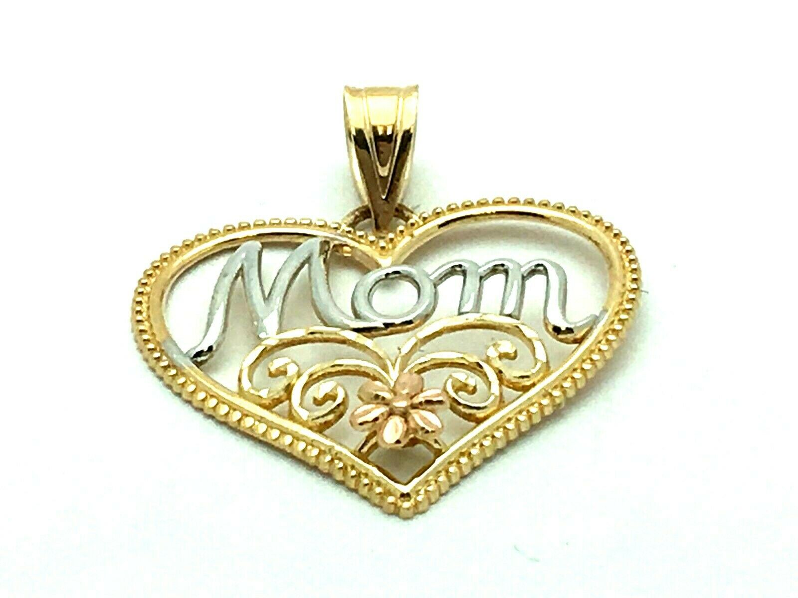 14k Tri Color Gold Flower Heart MOM Charm Pendant 0.9 gram