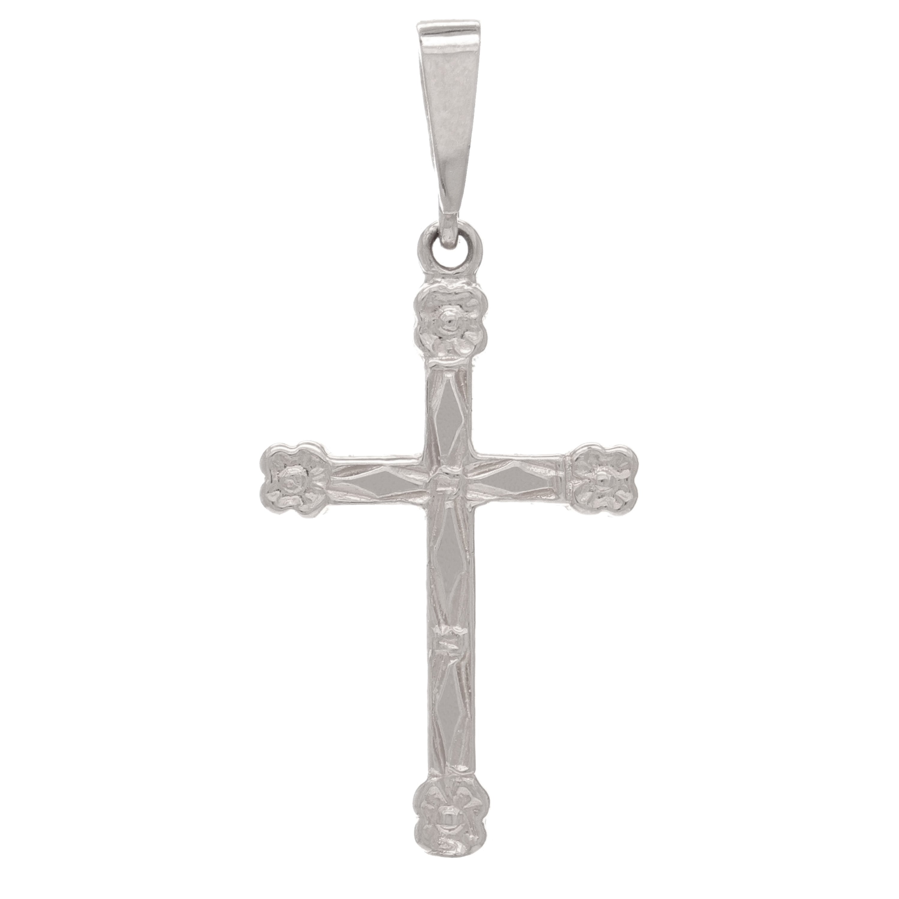 14k White Gold Religious Cross Charm Pendant with Flower 1.3" 1.4 grams - White