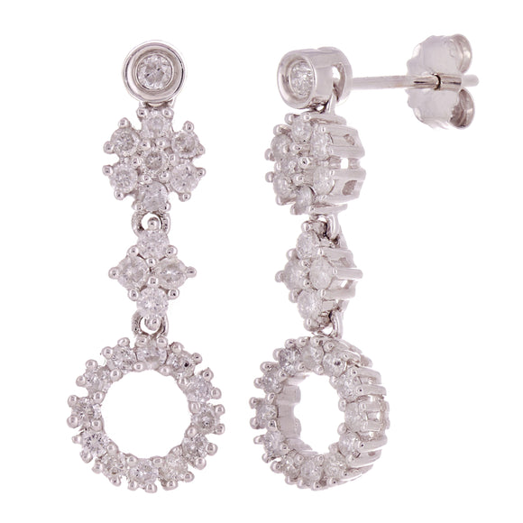 14k White Gold 0.90ctw Diamond Circles & Flowers Linear Dangle Earrings