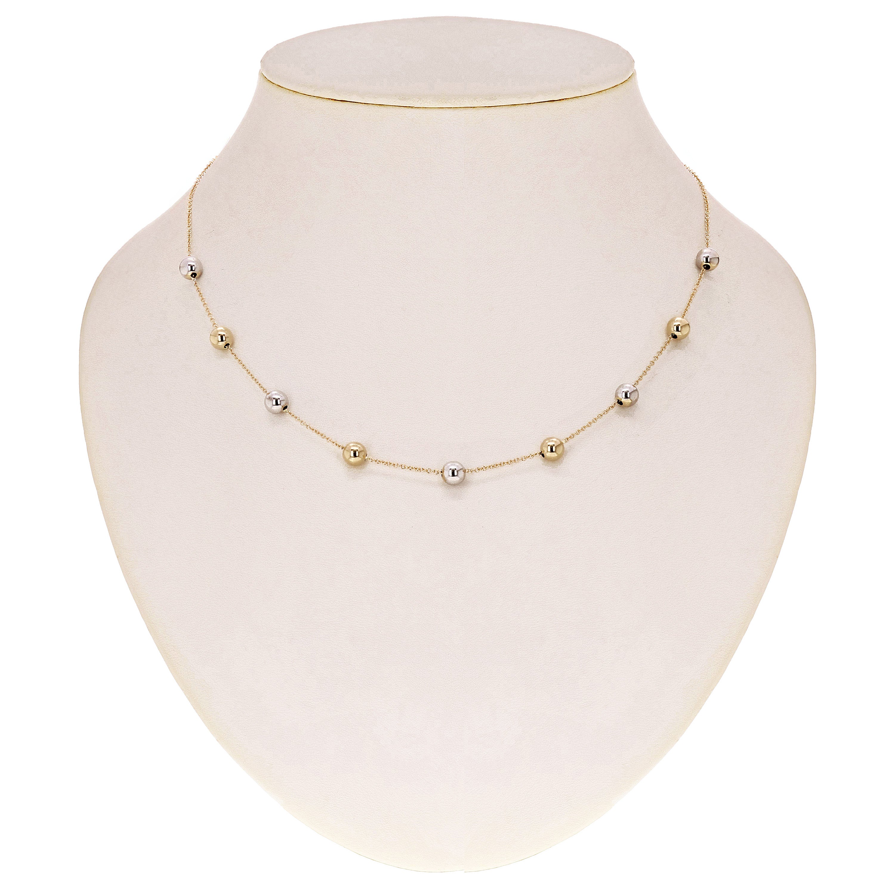 Italian 14k Yellow & White Gold Bead Station Chain Necklace 18" 6mm 3.2 grams