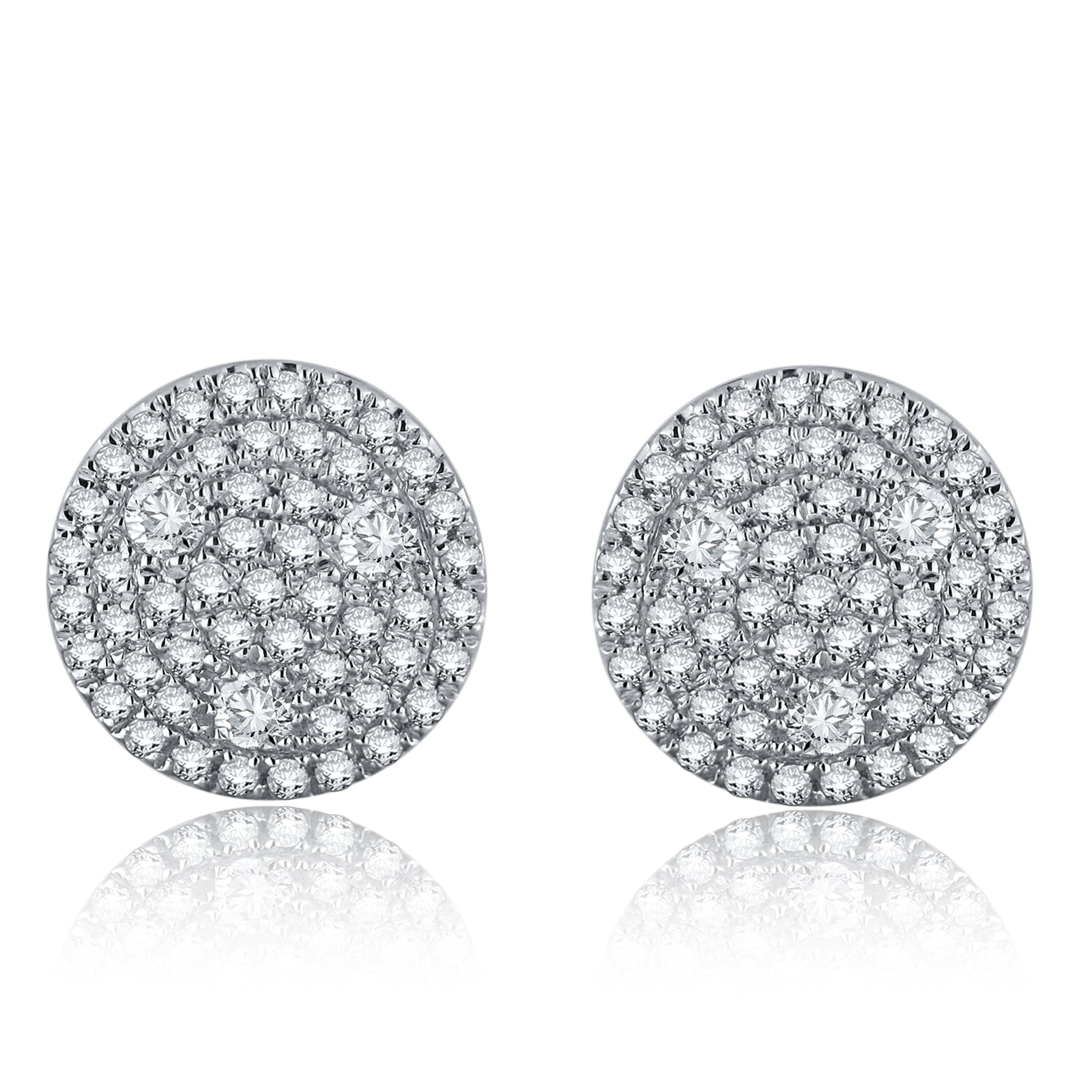 14k White Gold Triangle Accented Round 3/4 cttw Diamond Pav Button Earrings