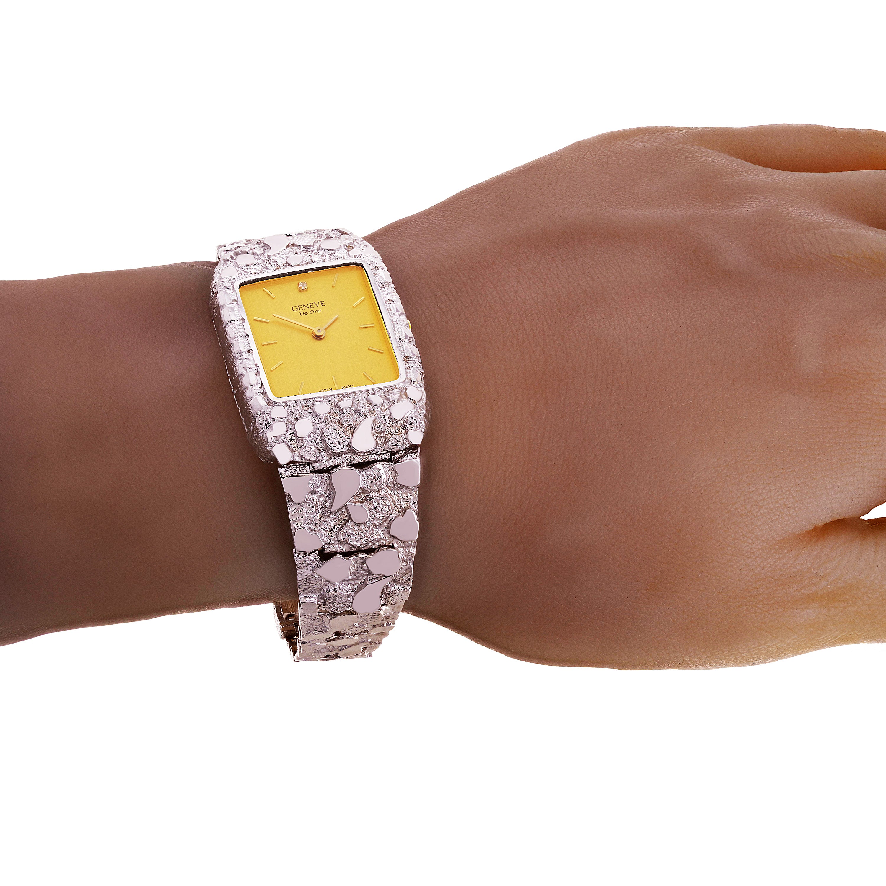 14k White Gold Nugget Link Wrist Band Geneve Diamond Watch 8-8.5" 58.1 grams