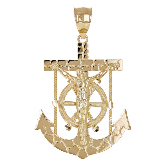 14k Yellow Gold Jesus Christ Crucifix Nugget Anchor Ship Mariners Pendant 2