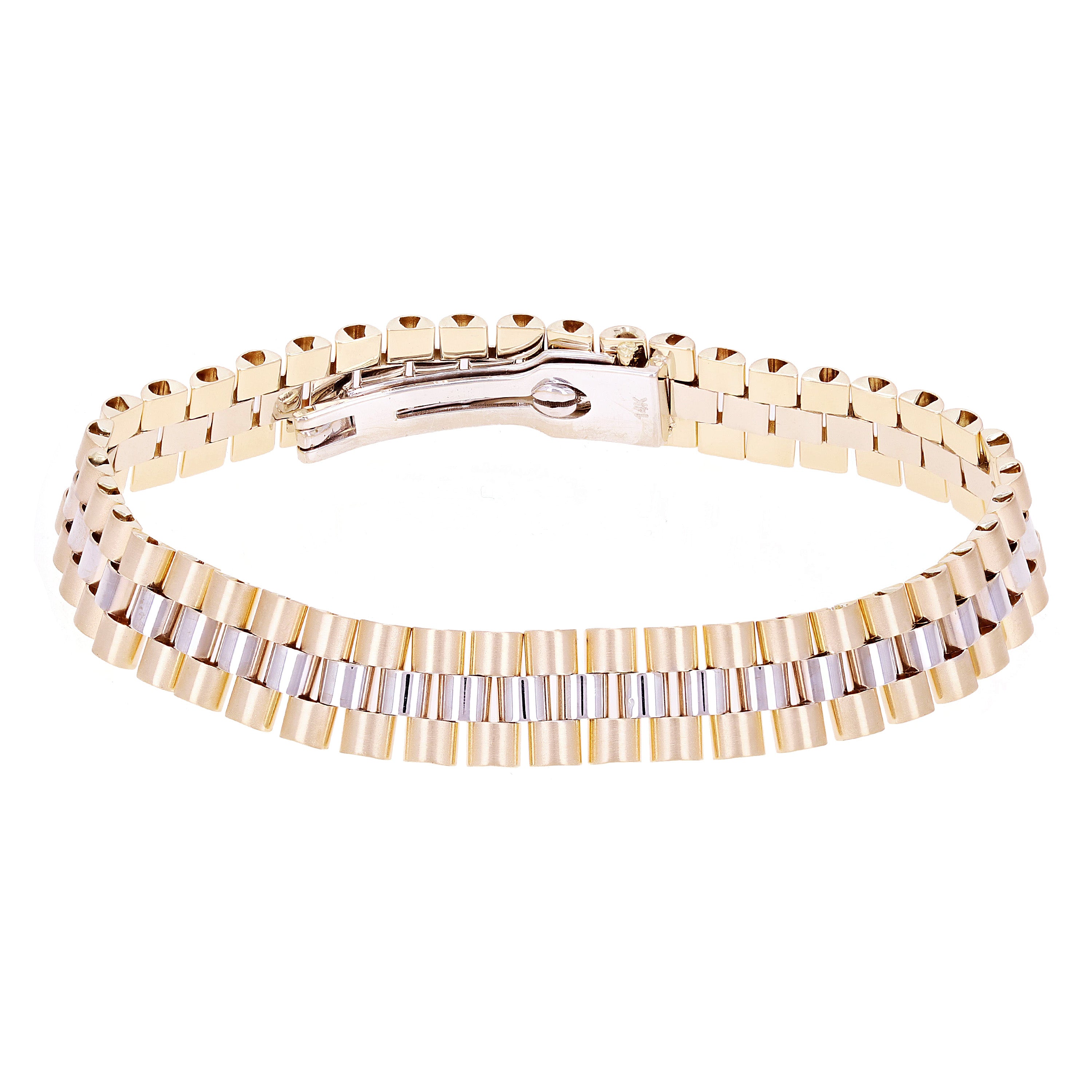 Italian Two- Tone 14k Yellow & White Gold Watch Link Bracelet 8" 11mm 27.8 grams - Yellow and White