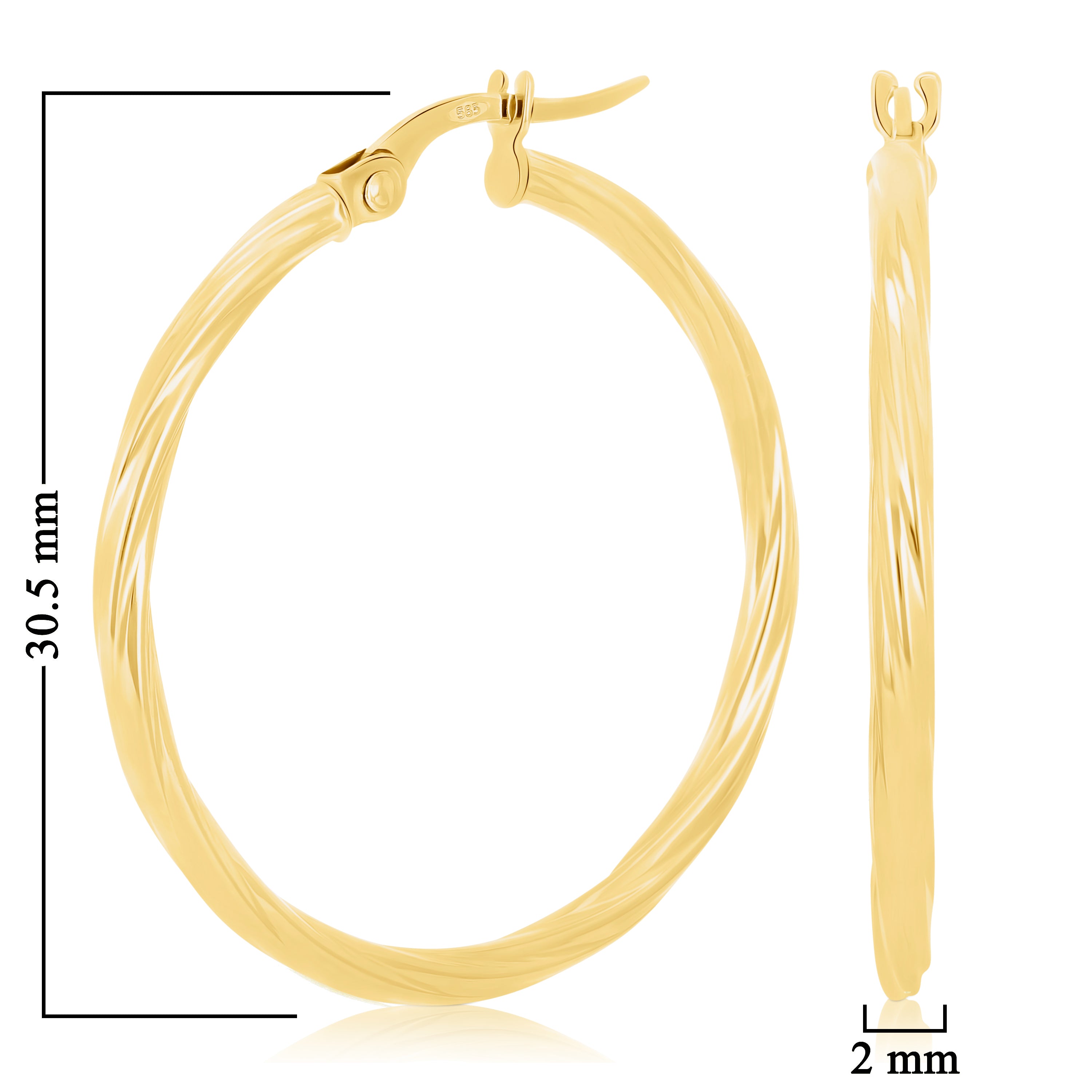 Italian 14k Yellow Gold Twisted 2mm 1" Diameter Round Hoop Earrings 1.6 grams