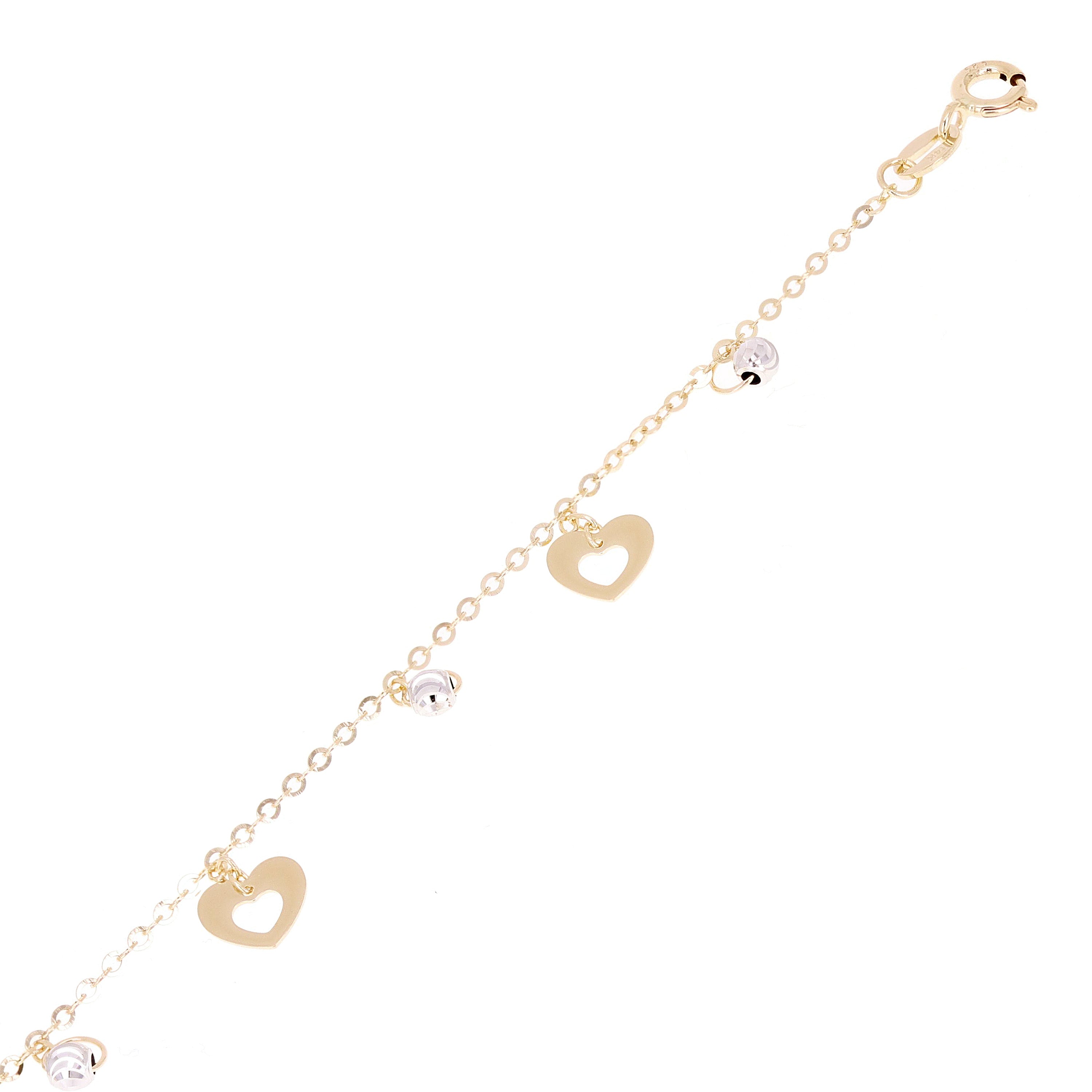 Italian 14k Two Tone Gold Heart & Ball Beads Charm Anklet Bracelet 10" 2.2 grams
