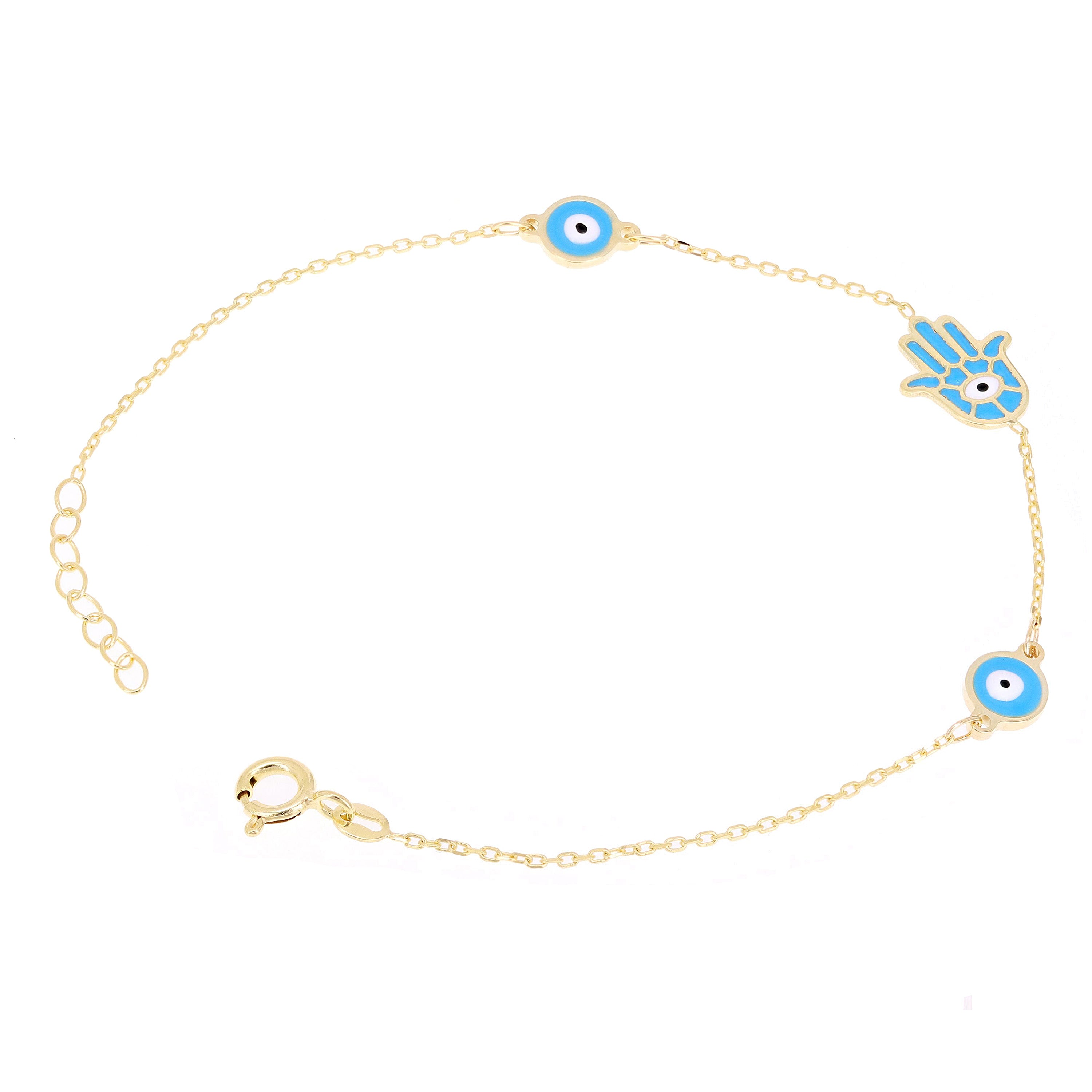 Italian 14k Yellow Gold Enamel Hamsa & Evil Eye Station Bracelet 7.5" 1.5 grams