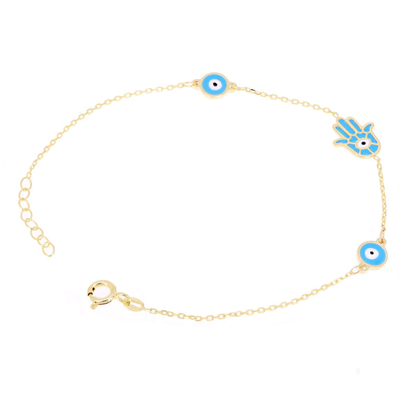 Italian 14k Yellow Gold Enamel Hamsa & Evil Eye Station Bracelet 7.5