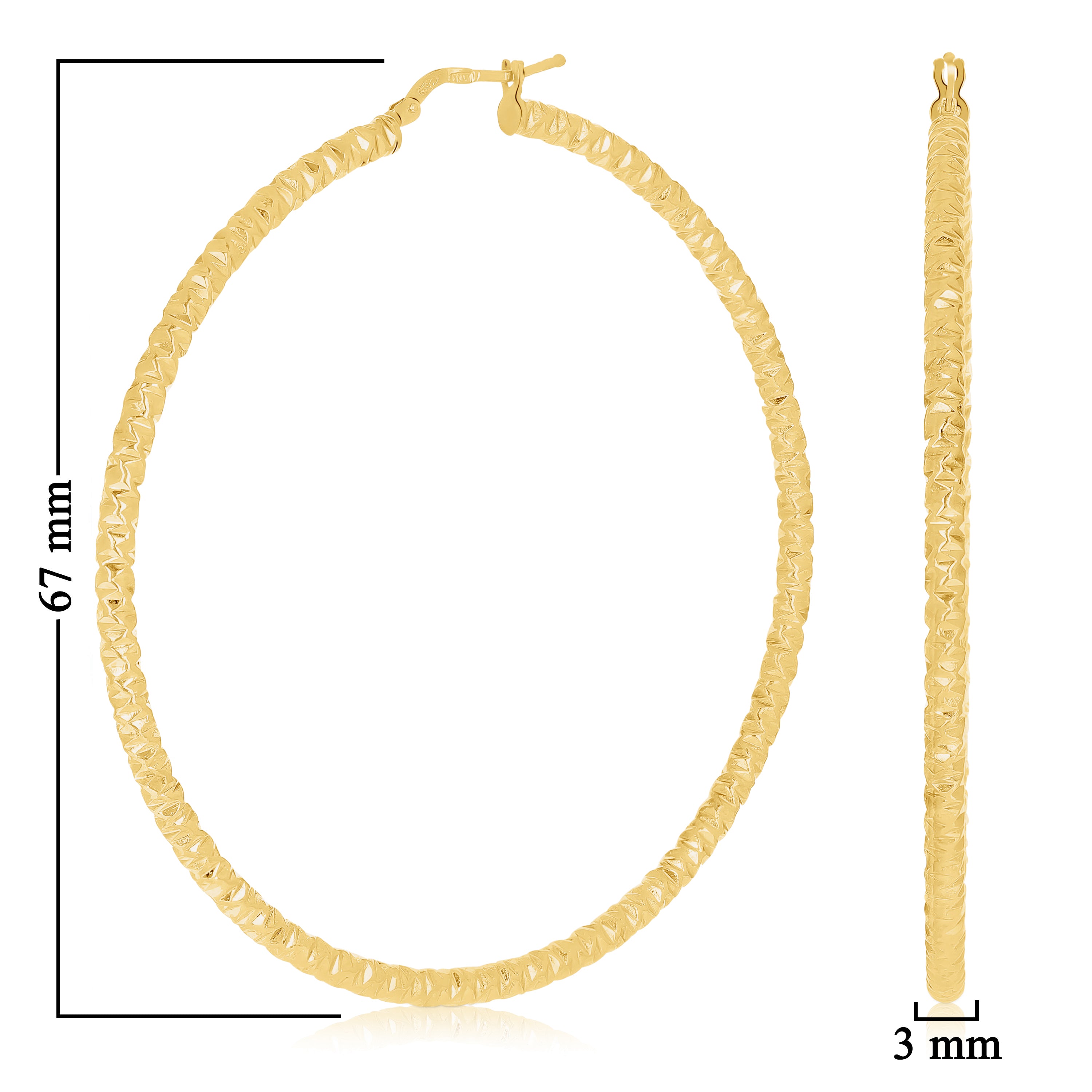 Italian 14k Yellow Gold Diamond Cut Hollow Round Hoop Earrings 2.6" 3mm 4.5grams