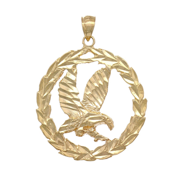14k Yellow Gold Solid Diamond Cut Flying Eagle in Wreath Pendant 4.5 grams - Yellow